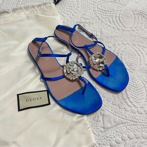 GUCCI Crystal Interlocking GG Flat Sandal Ankle Strap Blue Satin Size 38.5